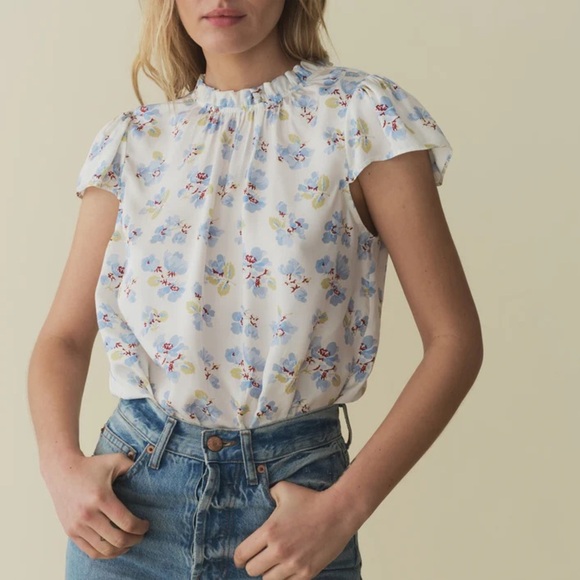 NWT Doen Yvie Silk Ruffle Short Sleeve High Neck Top Bleu Frolicking Floral - Picture 2 of 12